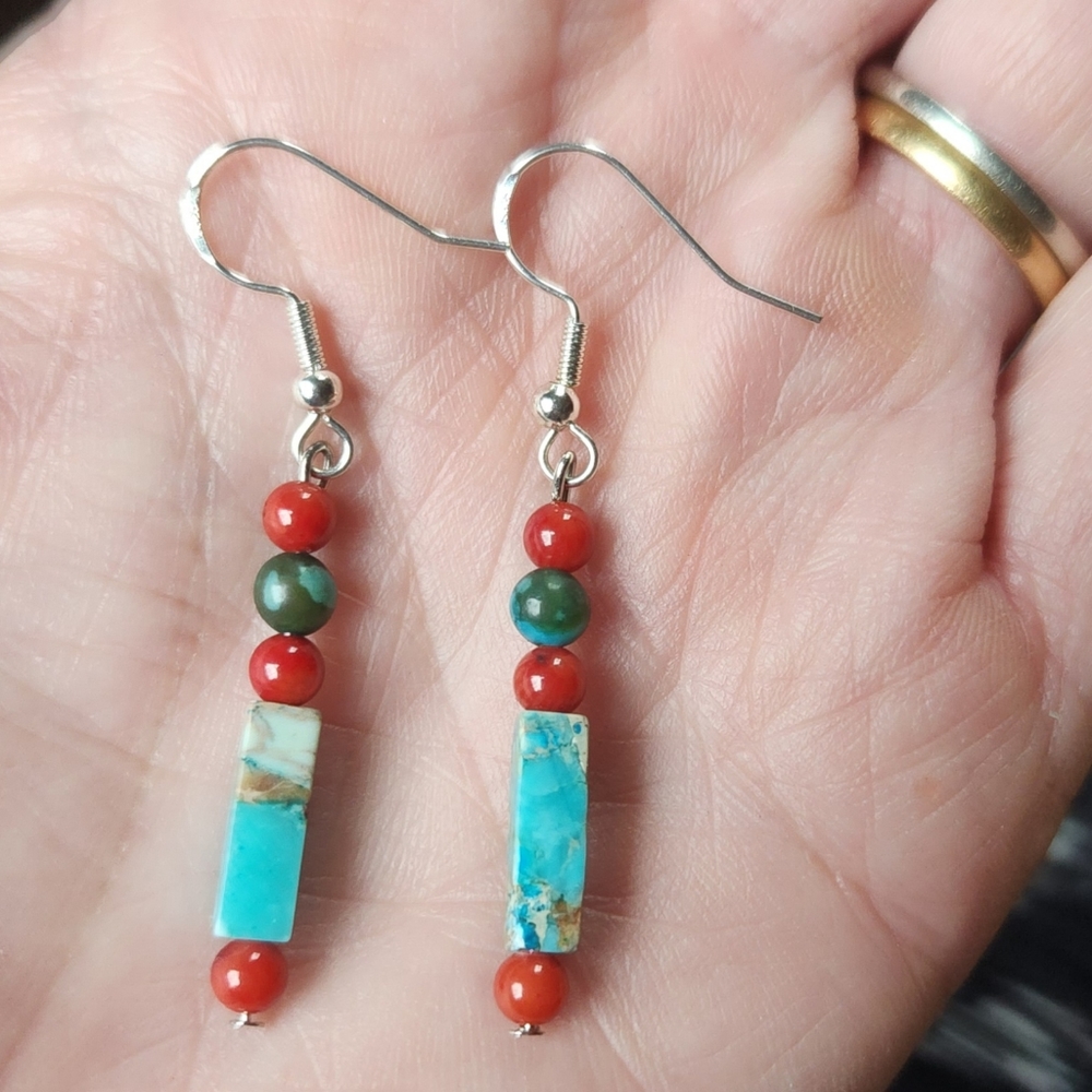 Handmade earrings, genuine stone mix/shell/coral. Sterling silver earwi…